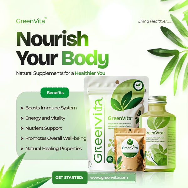 A clean, green-themed ad creative showcasing natural supplements with a clear list of health benefits and a direct call to action.